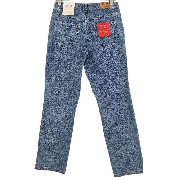 New Max~Woman Size 6~Blue Denim Floral Print High Rise Straight Leg Jean Stretch - Picture 11 of 16